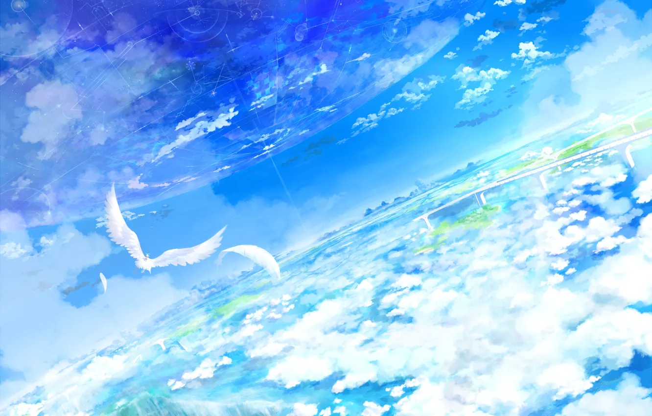 Фото обои небо, облака, круги, птицы, мост, высота, луч, арт