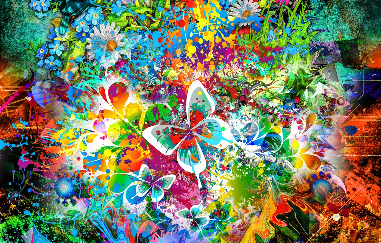 Фото обои colors, flowers, birds, butterflies, drawings, shapes