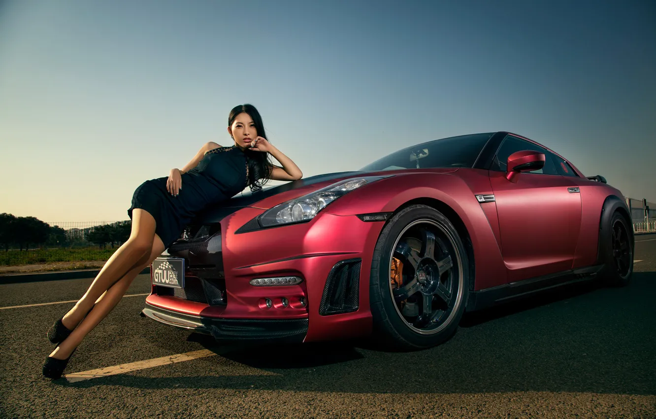 Фото обои машина, авто, девушка, модель, азиатка, автомобиль, nissan GT-R, korean model