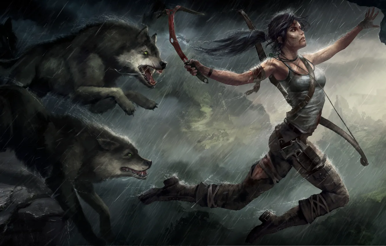 Фото обои животные, девушка, пистолет, оружие, дождь, прыжок, рисунок, лук