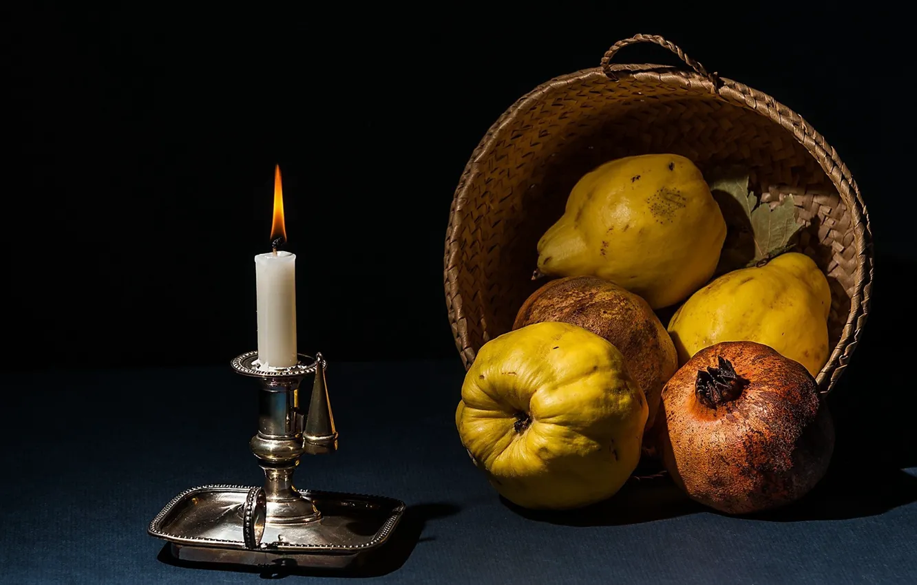 Фото обои свеча, плоды, натюрморт