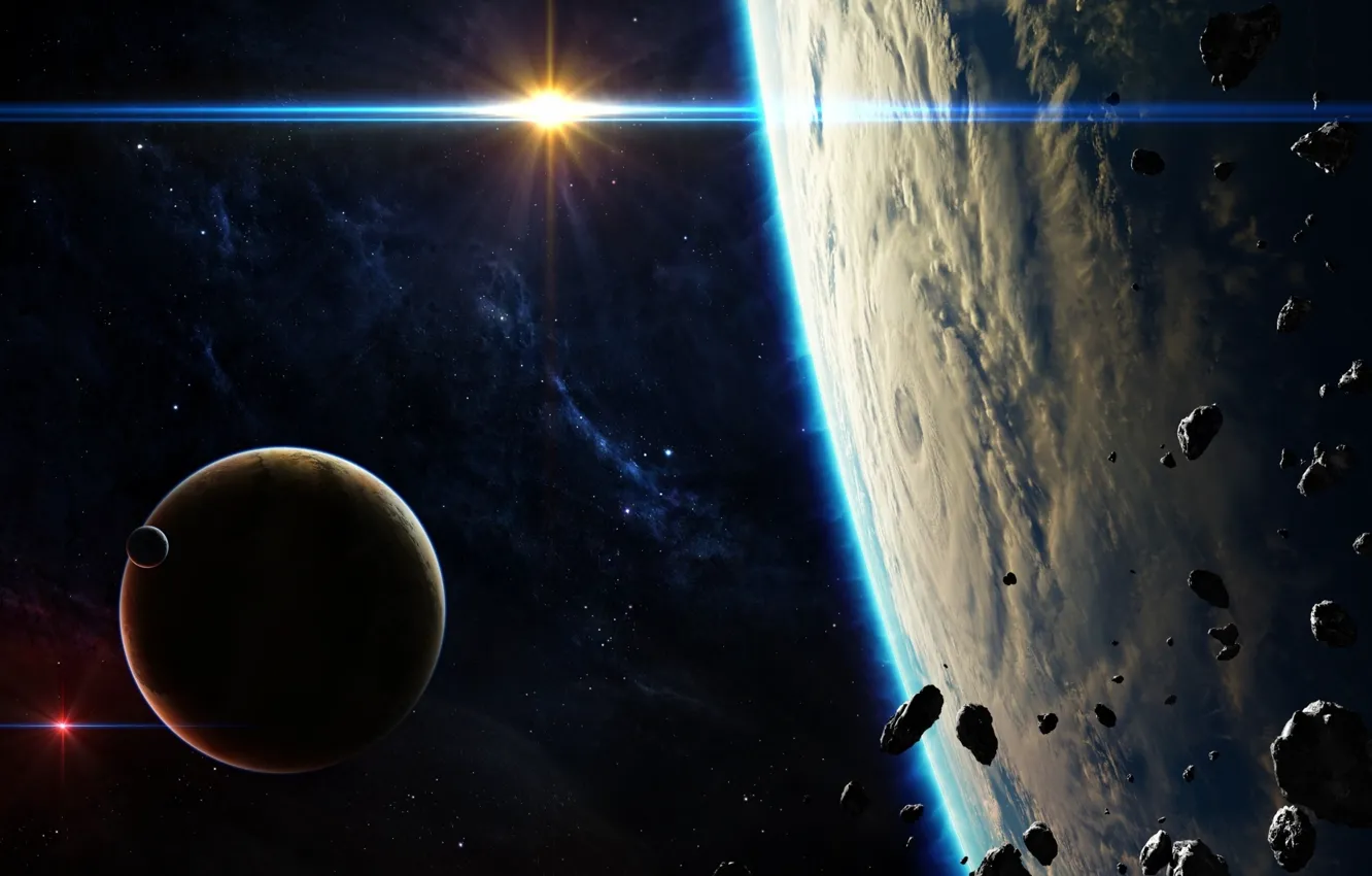 Фото обои light, blue, planets, satellites, asteroids, Sci Fi
