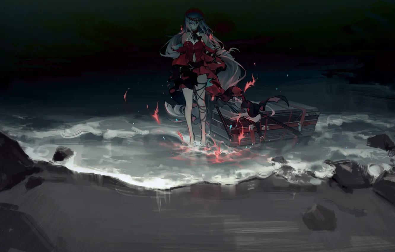 Фото обои вода, девушка, огни, Arknights, Skadi