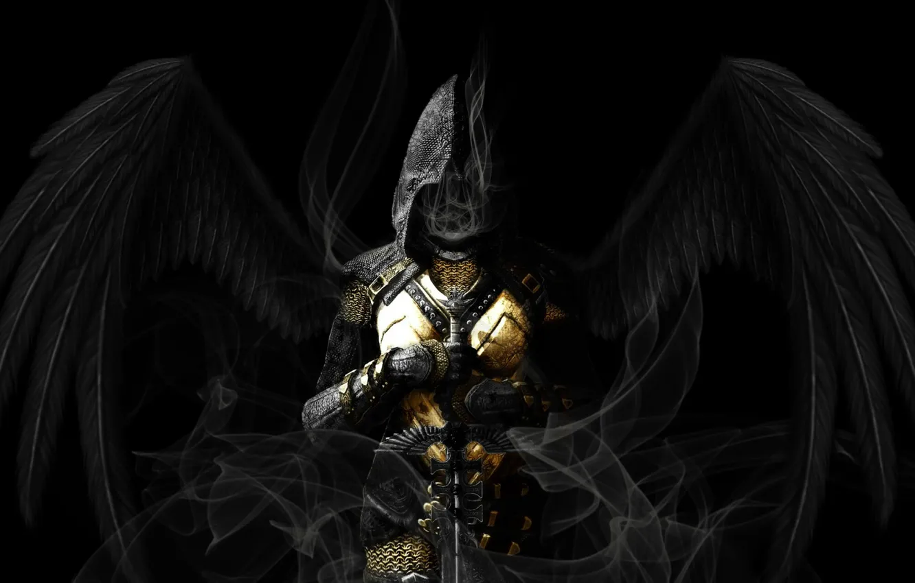 Фото обои дым, ангел, меч, доспехи, капюшон, кольчуга, Skyrim, Angel