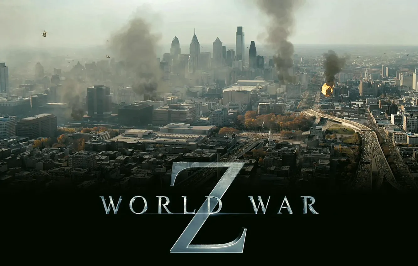 Фото обои город, надпись, дым, вид, вертолеты, Война миров Z, world war z