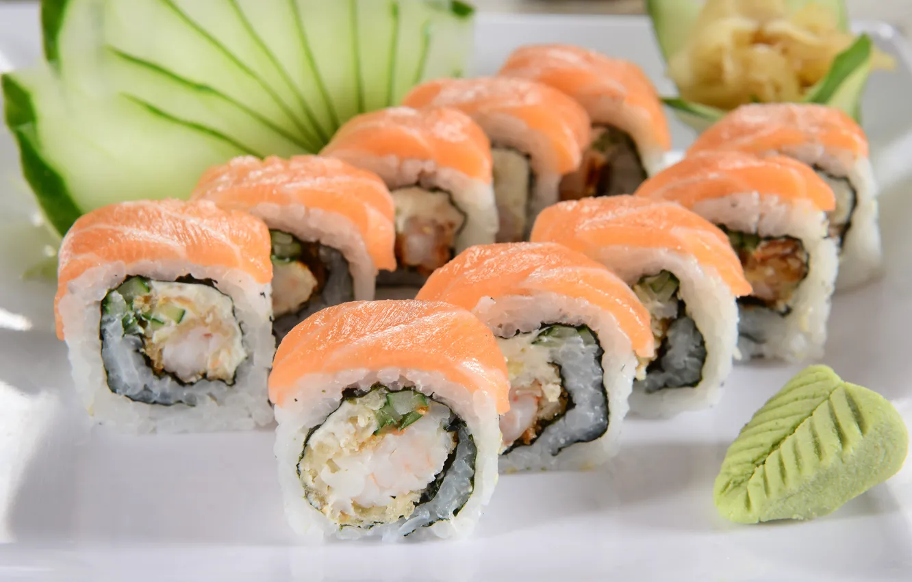 Фото обои зелень, rolls, sushi, суши, роллы, японская кухня, fresh herbs, Japanese cuisine