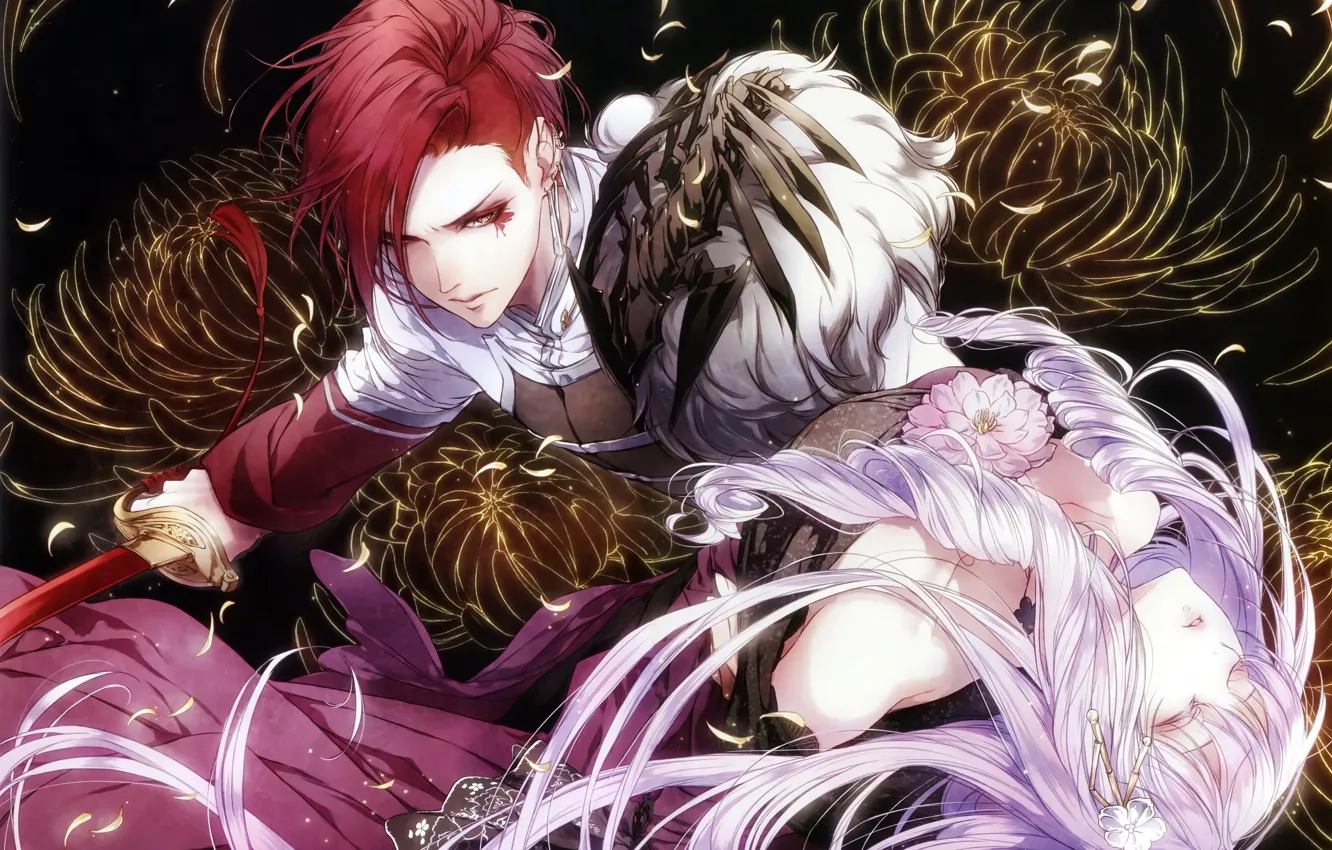 Фото обои двое, защитник, сабля, красные волосы, королева цветов, visual novel, reine des fleurs, ghislain