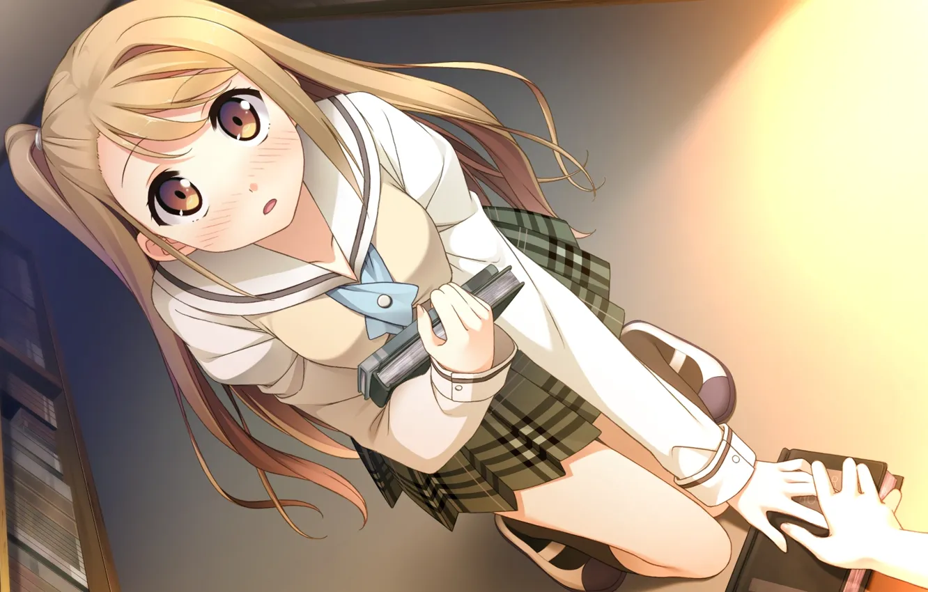 Фото обои книги, библиотека, школьница, art, большие глаза, visual novel, kantoku, your diary