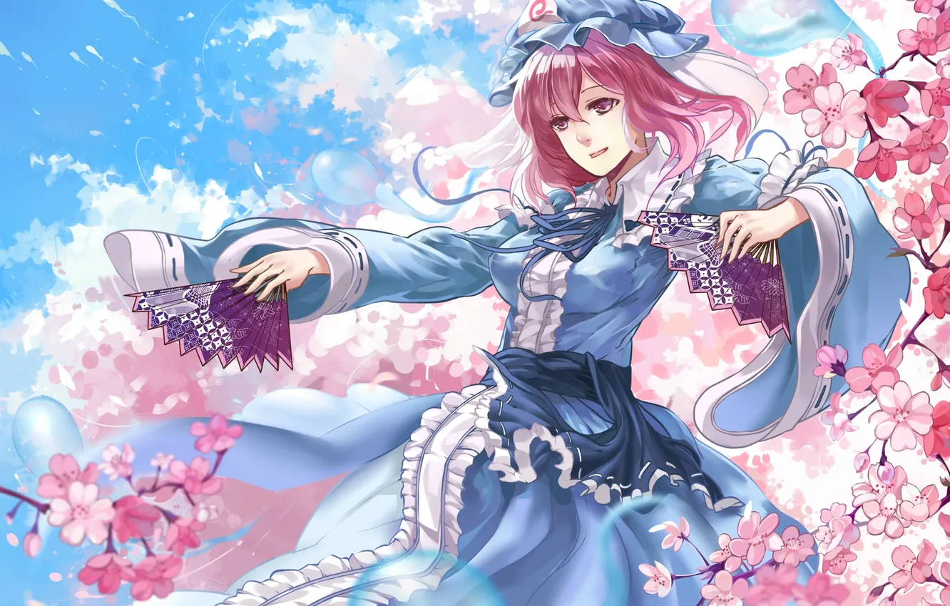 Фото обои девушка, сакура, веер, арт, цветение, touhou, saigyouji yuyuko, liuruoyu8888