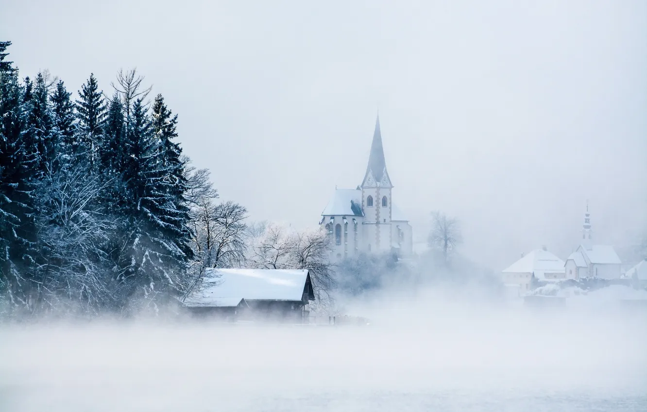Фото обои austria, snow, fog, carinthia, maria wörth