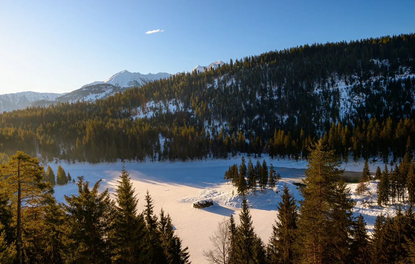 Фото обои снег, горы, озеро, Швейцария, Lake Cauma, Flims