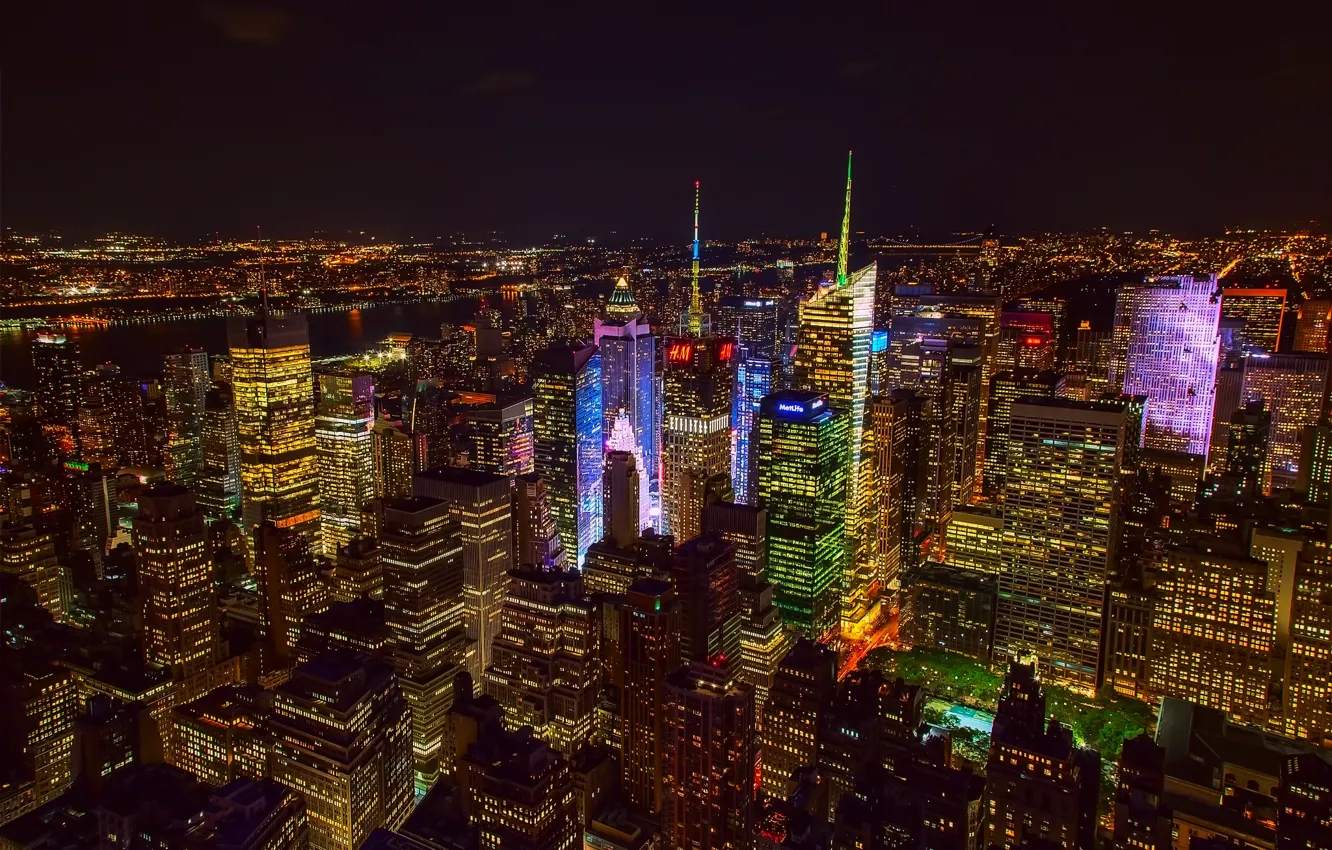 Фото обои ночь, город, огни, США, Нью Йорк