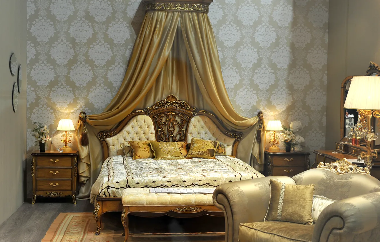 Фото обои дизайн, стиль, кровать, интерьер, кресло, подушки, светильник, роскошь