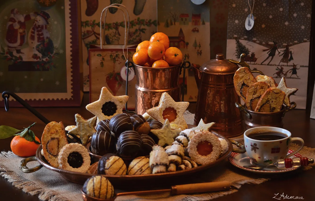 Фото обои кофе, печенье, мандарины