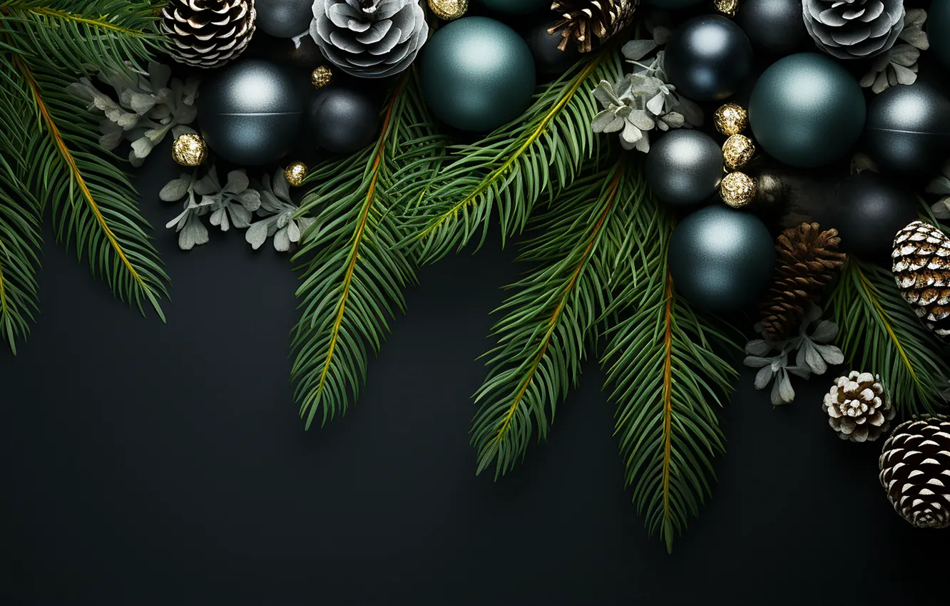 Фото обои украшения, темный фон, шары, Новый Год, Рождество, dark, golden, new year