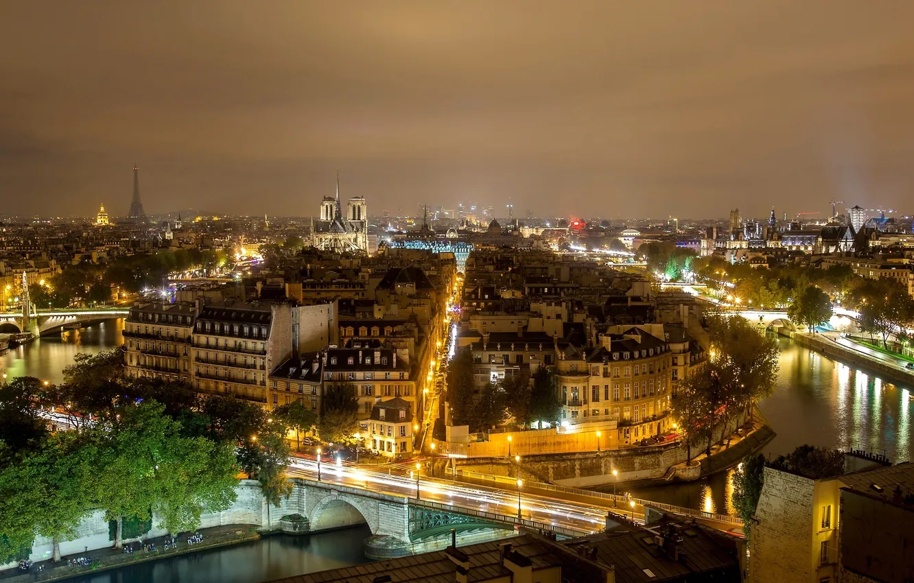 Фото обои ночь, мост, город, река, Франция, Париж, здания, дома