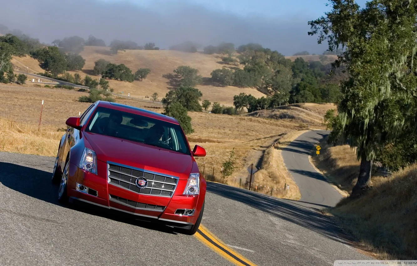 Фото обои дорога, Cadillac, 2008, красная, GTS