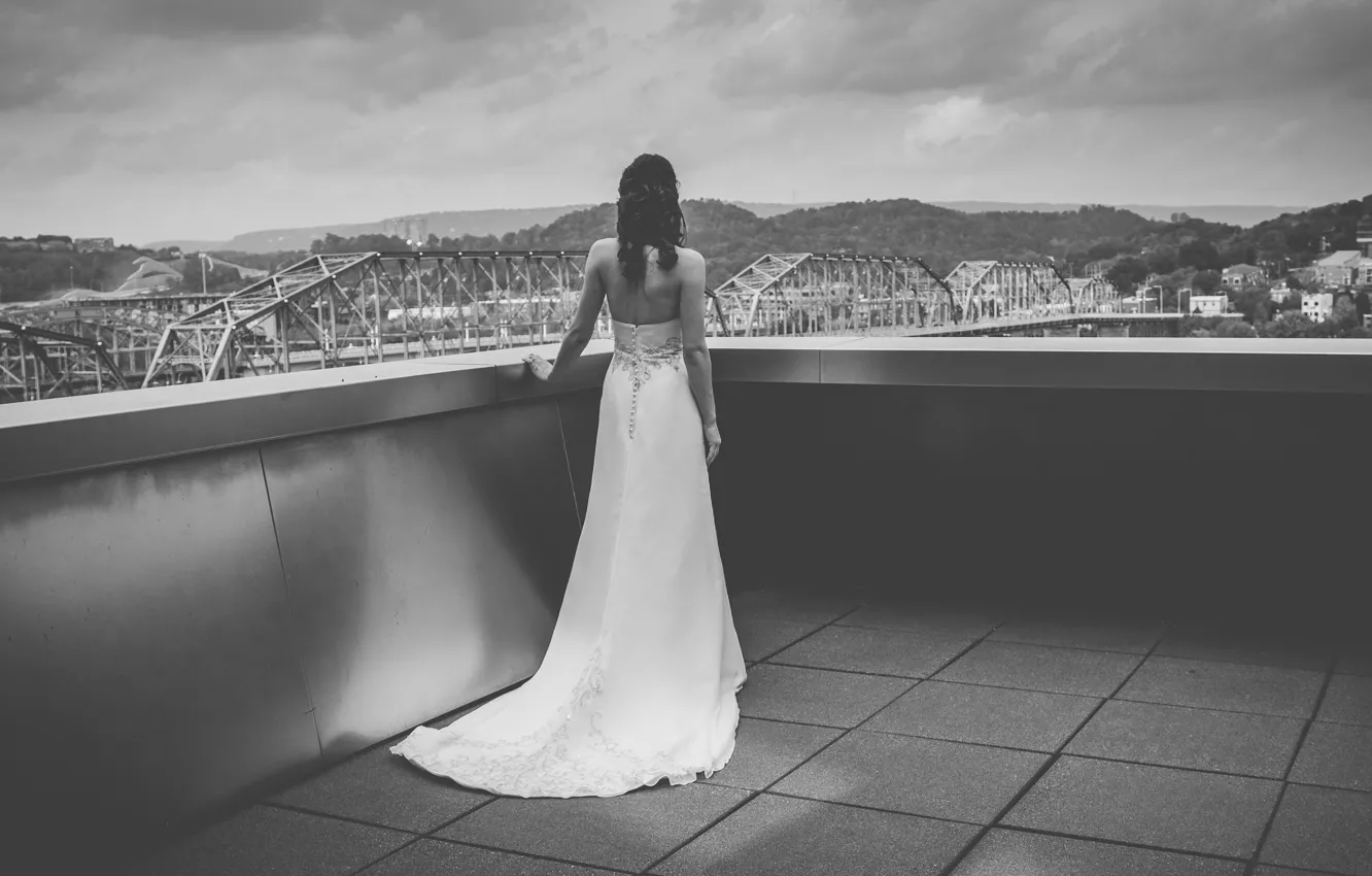 Фото обои девушка, белое, спина, платье, ч/б, черно-белое, невеста