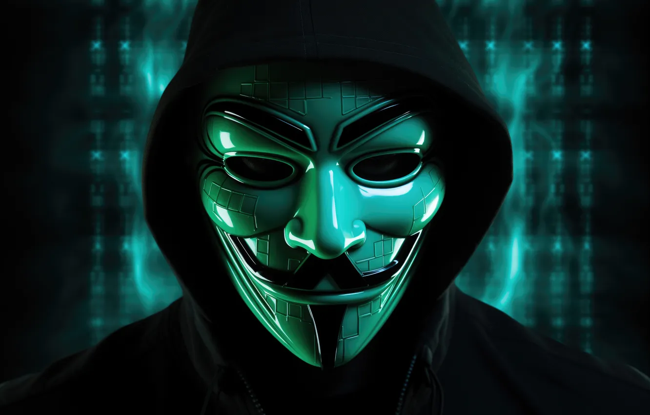 Фото обои Взгляд, Лицо, Маска, Куртка, Hacker, Hoodie, Anonymous, Анонимус
