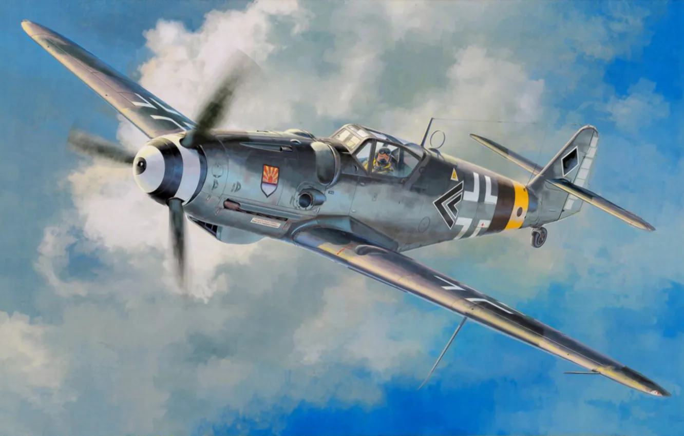 Фото обои fighter, war, art, airplane, painting, ww2, Messerschmitt Bf 109 G-14