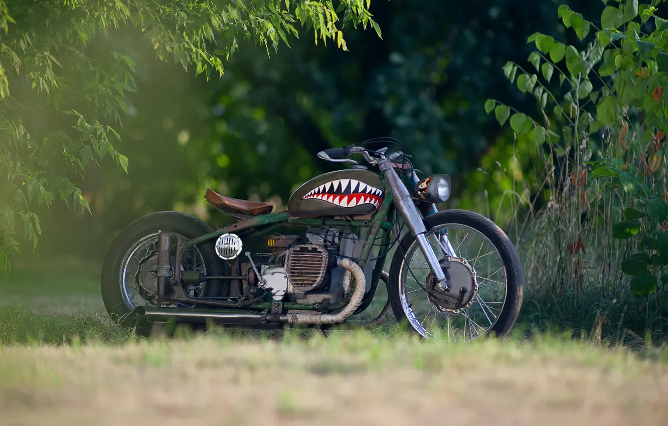 Фото обои размытость, база, мотоцикл, стимпанк, аэрография, moto, bike, style