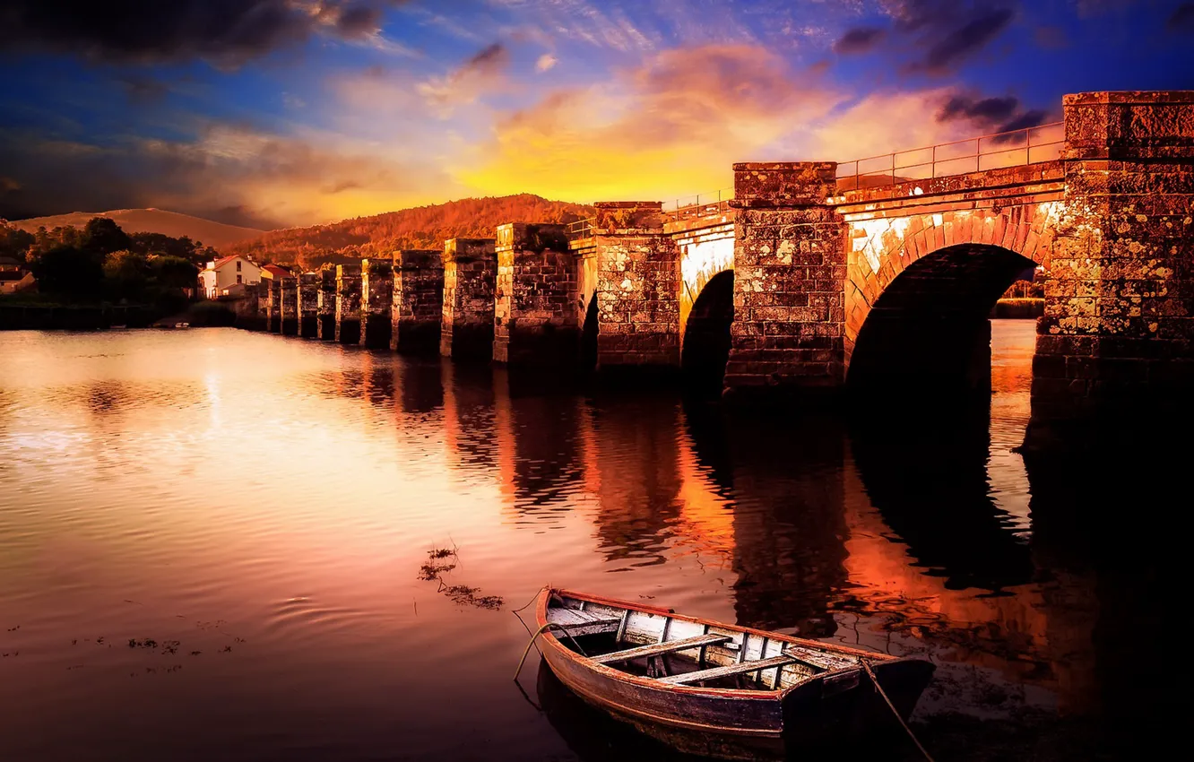 Фото обои мост, лодка, Spain, Galicia, Ponte Nafonso, Ceilan