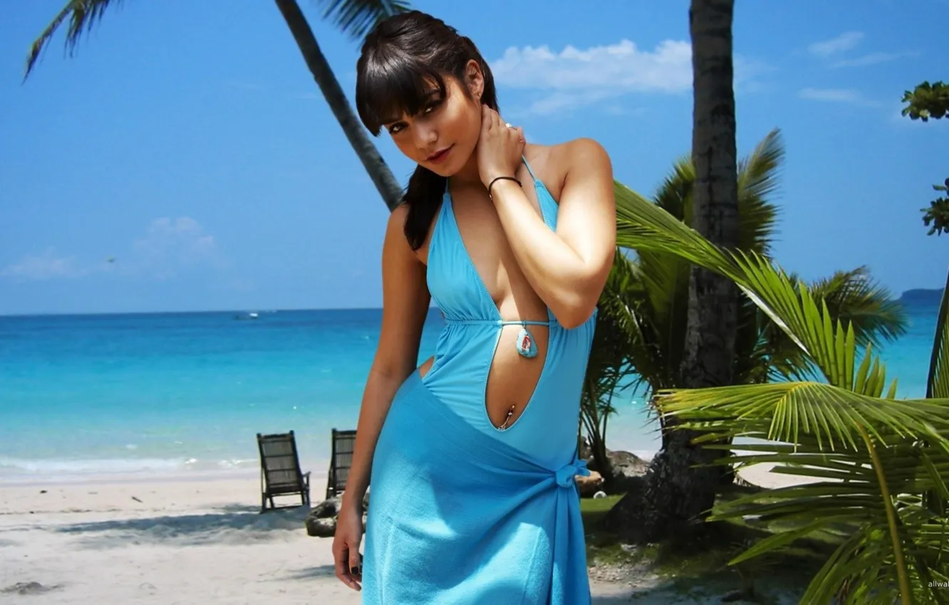 Фото обои пляж, пальмы, океан, актриса, певица, американка, Vanessa Hudgens, сексуальная красотка