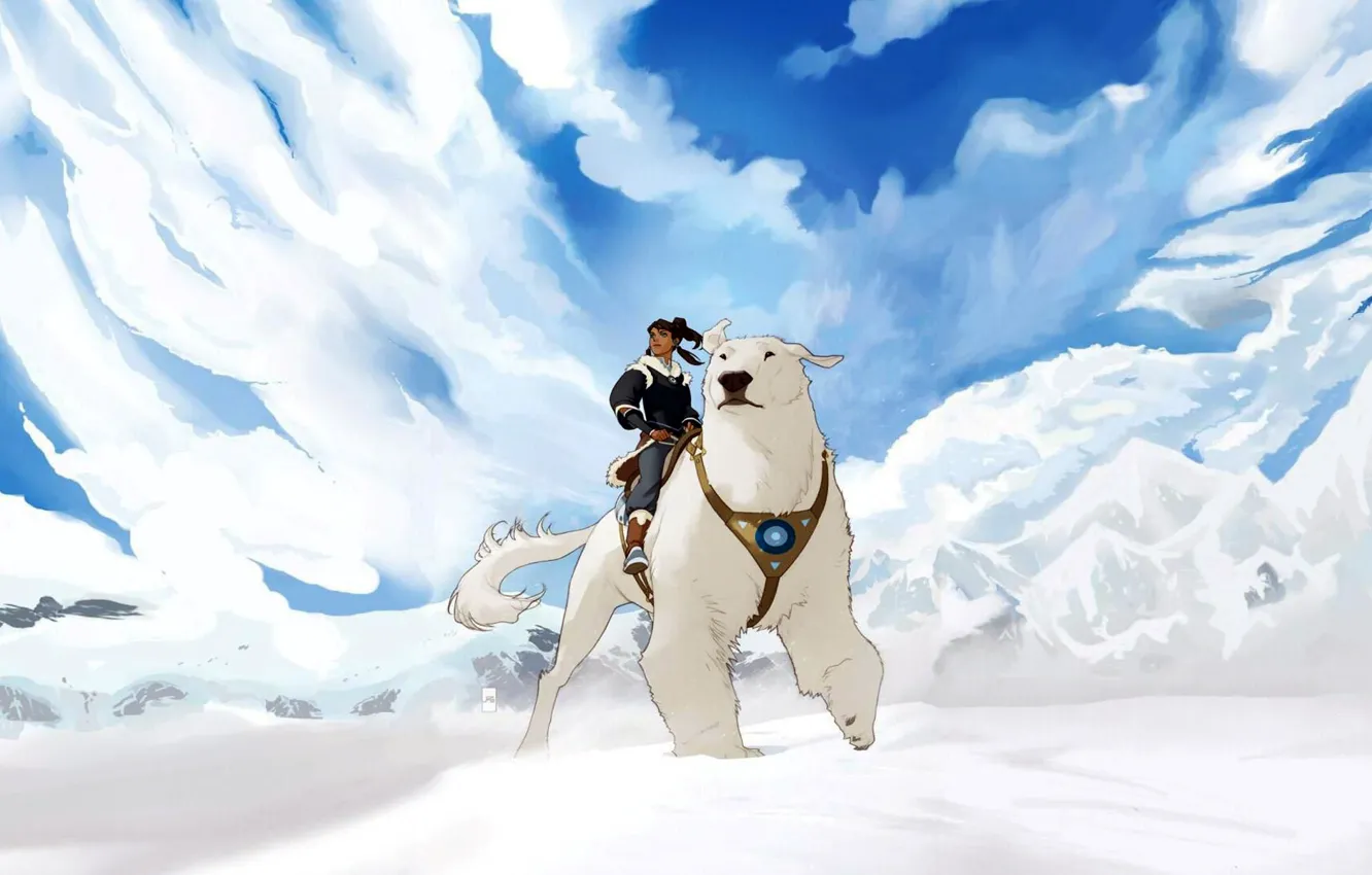Фото обои небо, девушка, облака, снег, аниме, медведь, Naga, Avatar Korra