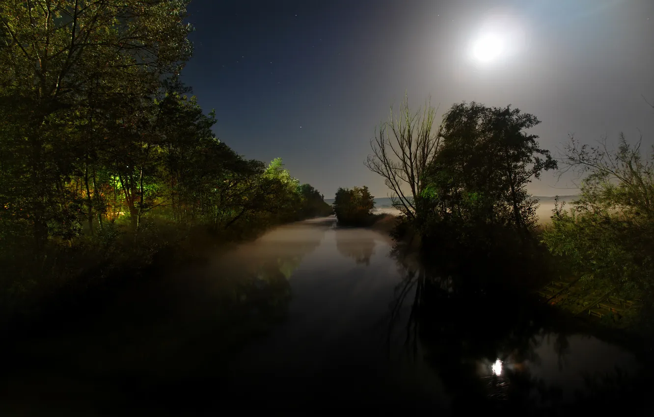 Фото обои вода, свет, ночь, луна, пейзажи, месяц
