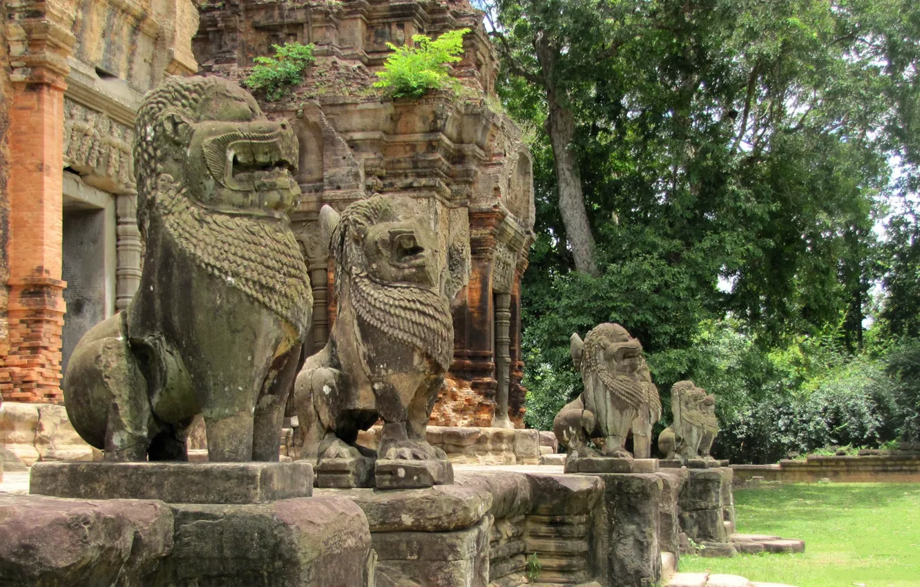 Фото обои Камбоджа, Cambodia, каменные львы, буддийский храм