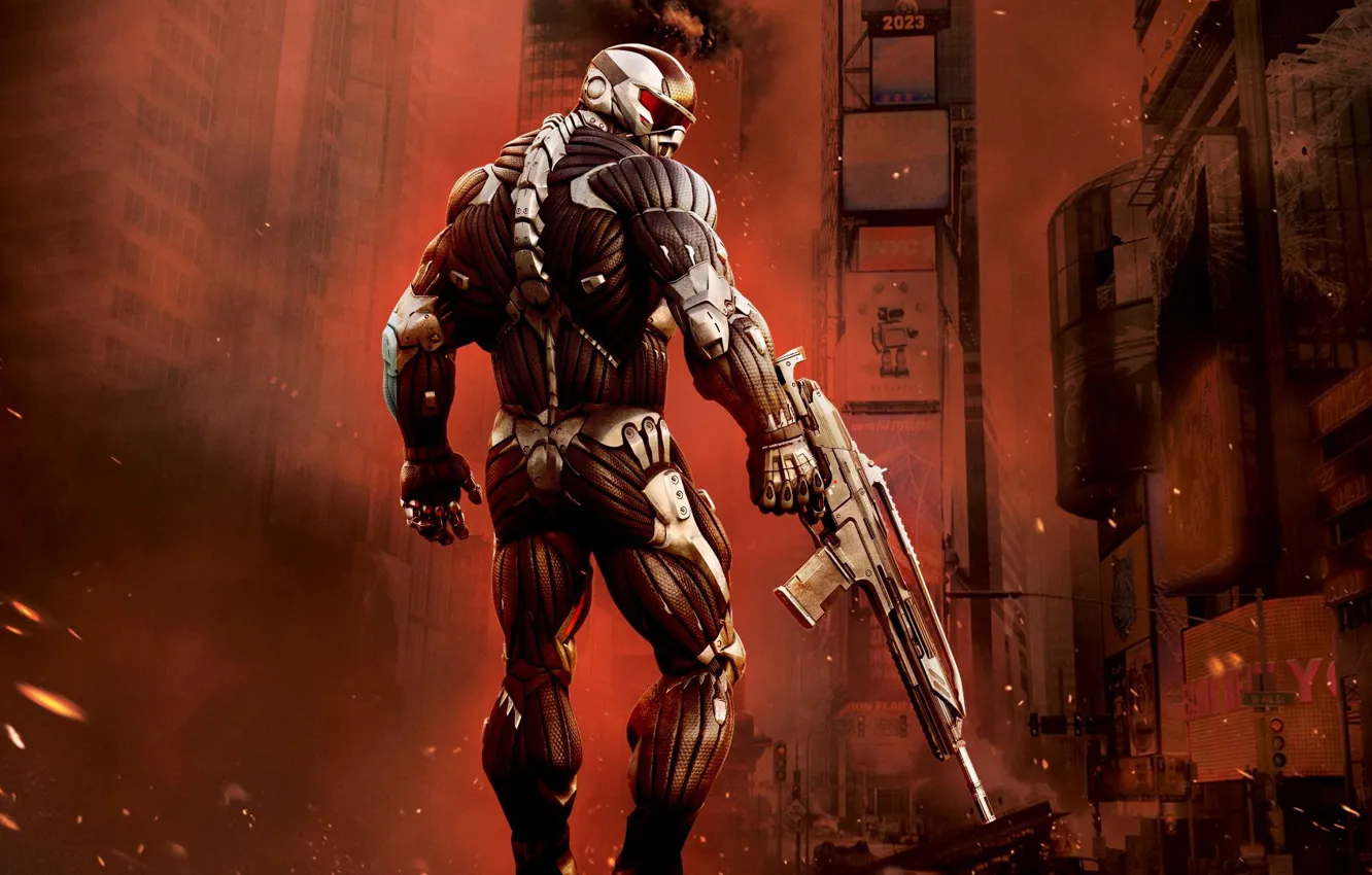 Фото обои оружие, Город, боец, Crysis 2, нанокостюм, crysis 2, Кризис, Crytek