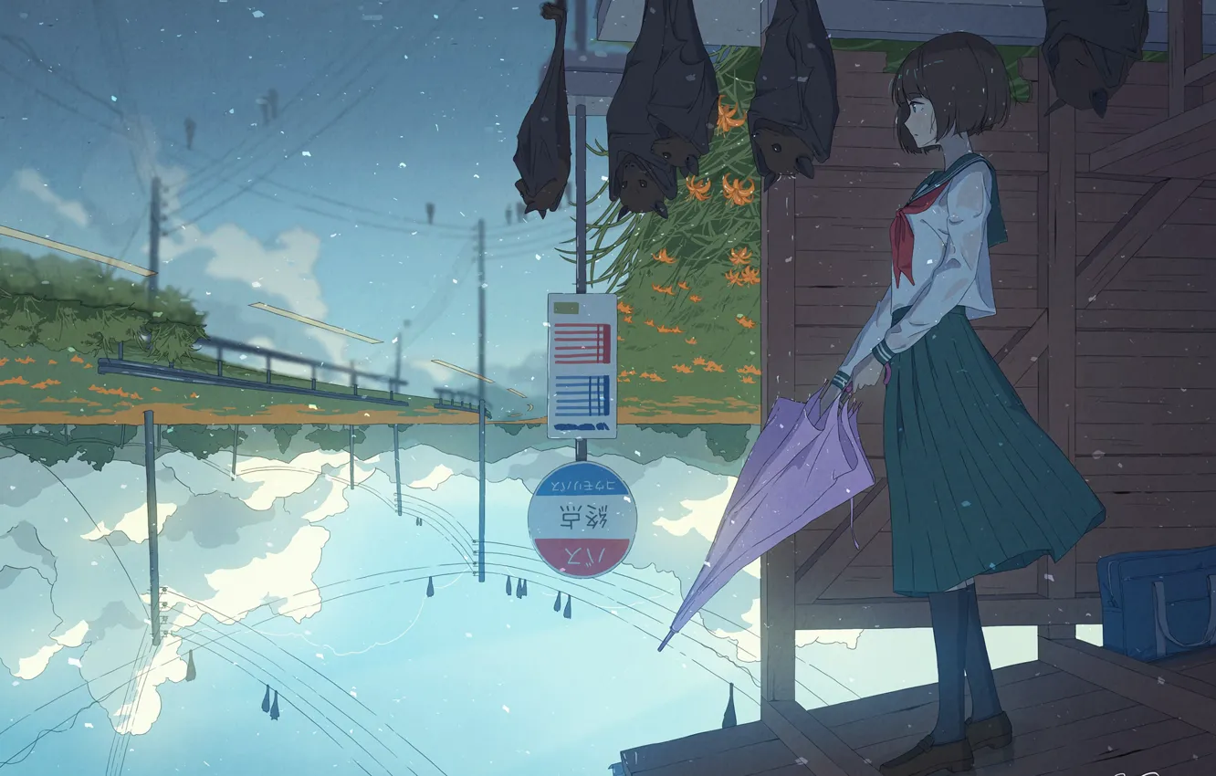 Фото обои вода, девушка, отражение, зонт, лилейники, летучие лисицы