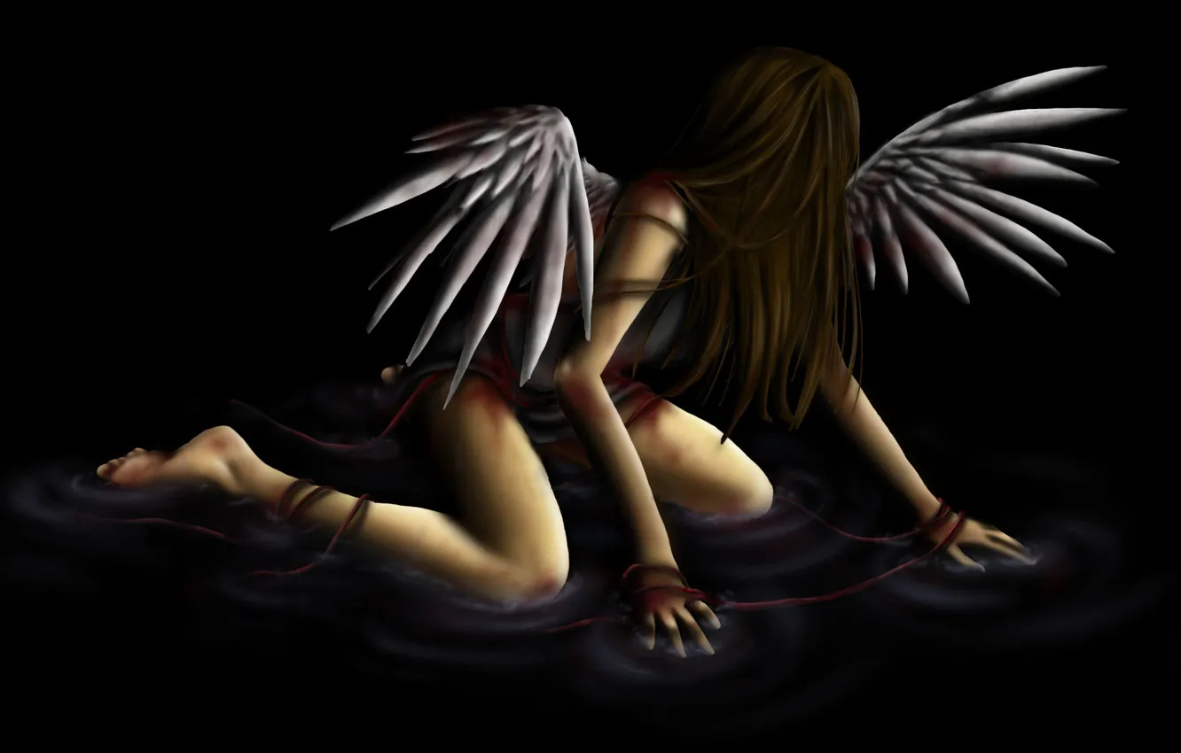 Фото обои вода, девушка, фантастика, крылья, ангел, черный фон