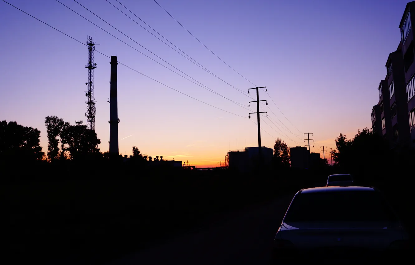 Фото обои дорога, закат, город, вечер, окраина, ТЭЦ