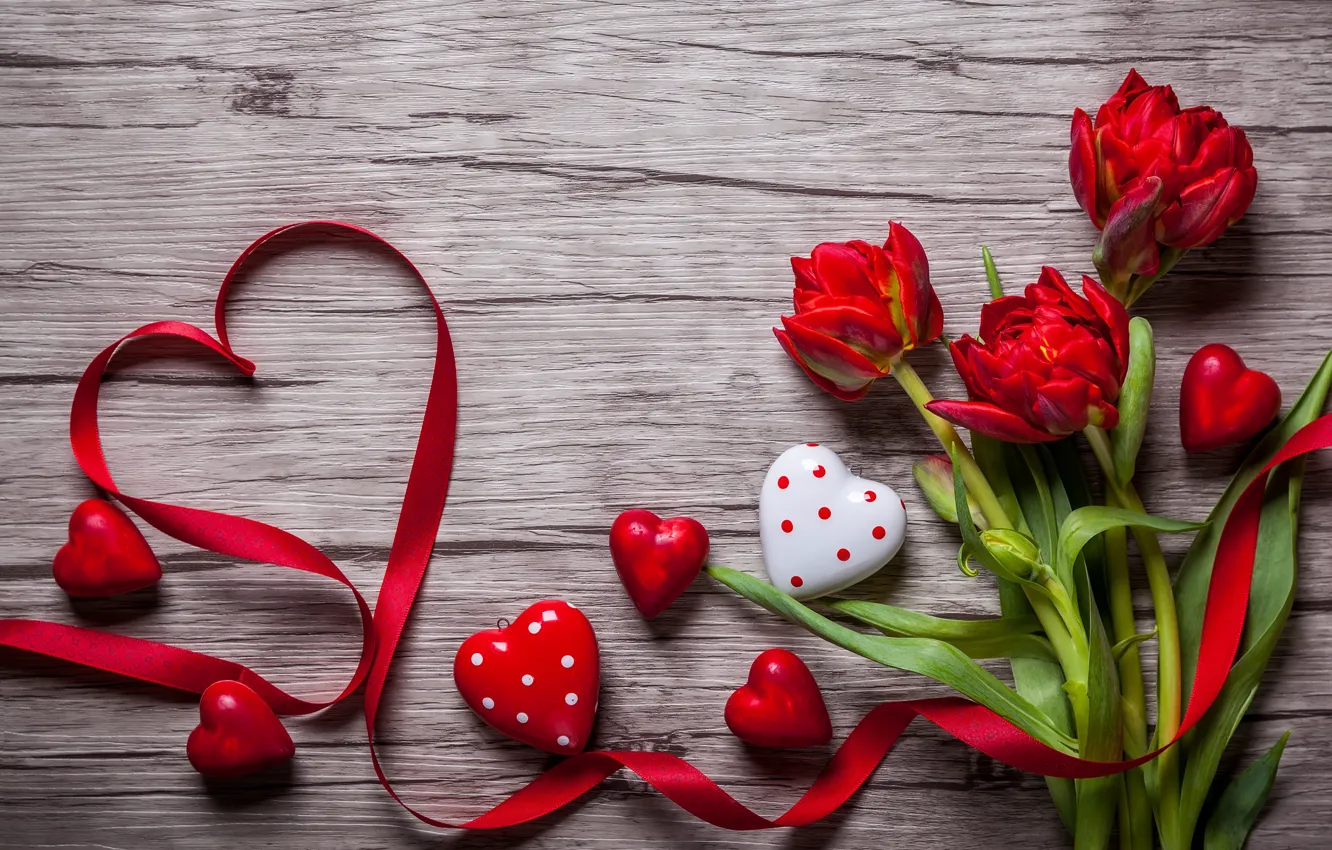 Фото обои лента, red, love, бутоны, heart, flowers, romantic, tulips