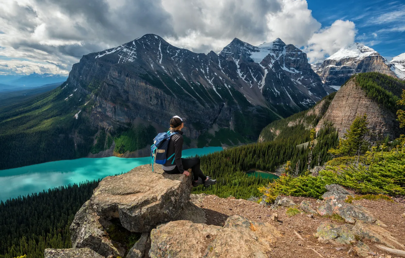 Фото обои облака, пейзаж, горы, природа, озеро, камни, скалы, Канада