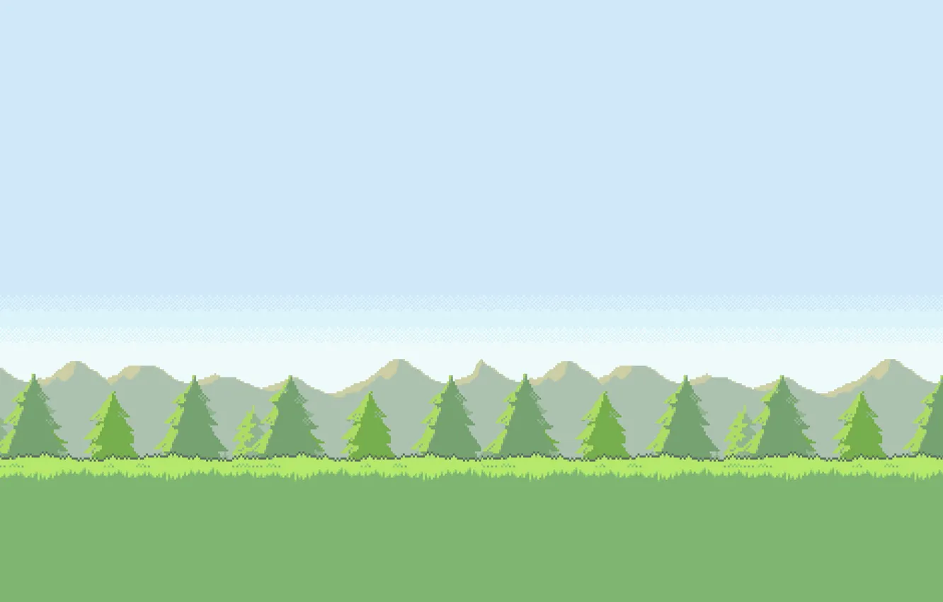 Фото обои небо, трава, деревья, горы, Поле, 8-bit