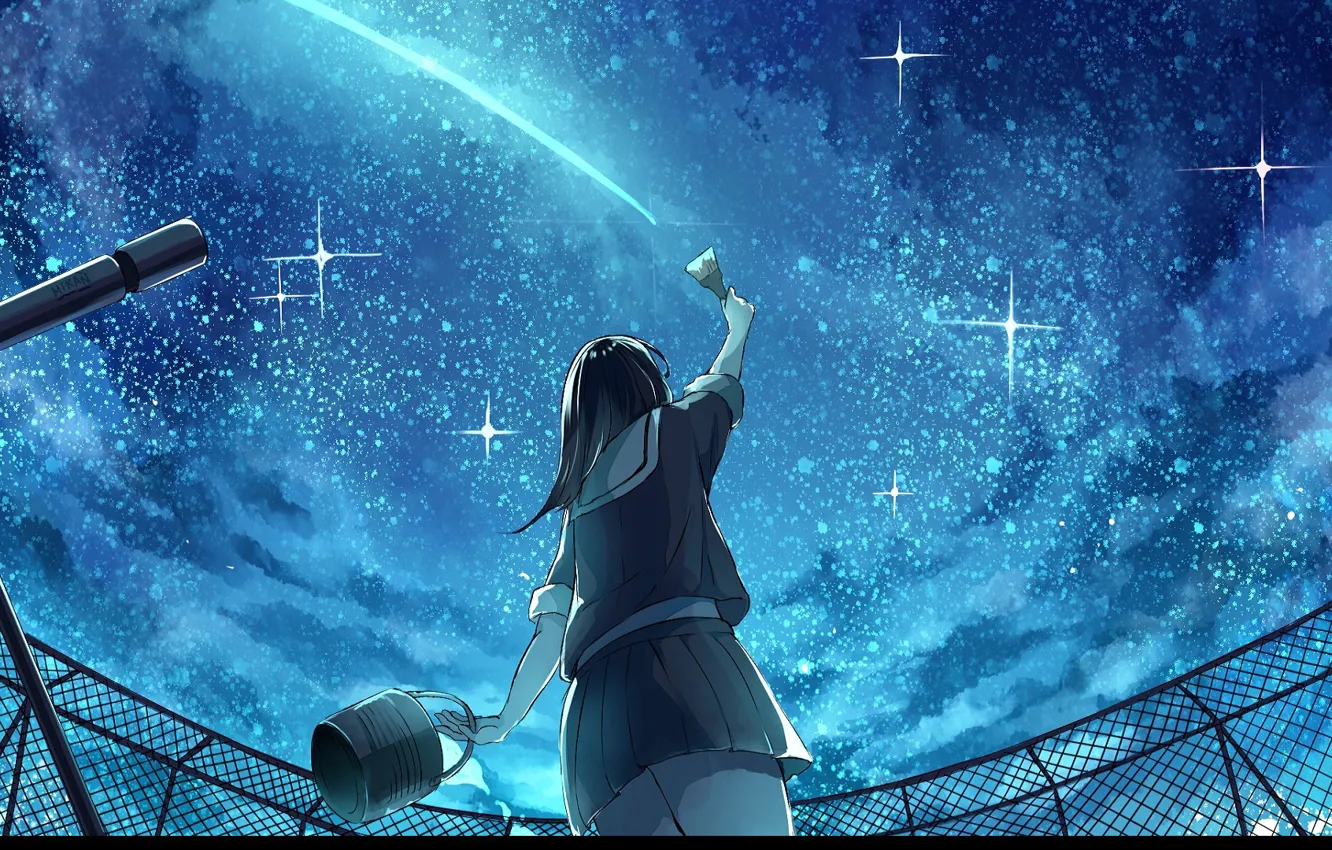Фото обои крыша, ночь, спина, ограждение, школьница, кисть, телескоп, звездное небо