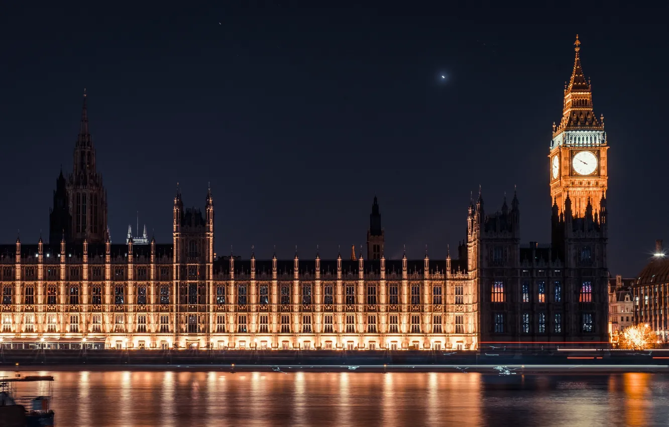 Фото обои огни, Лондон, вечер, Темза, Big Ben, Parliament