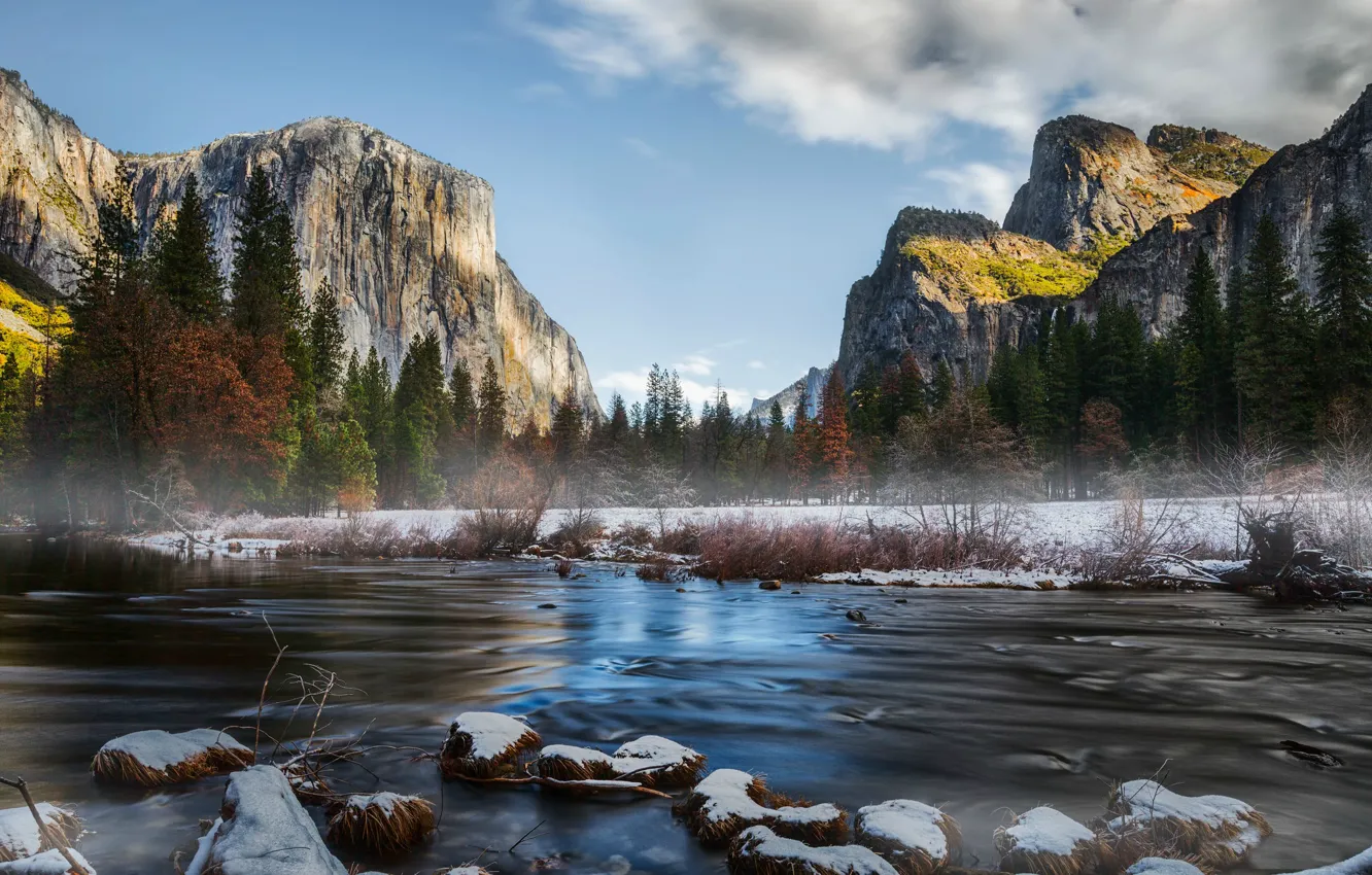 Фото обои горы, река, камни, Yosemite