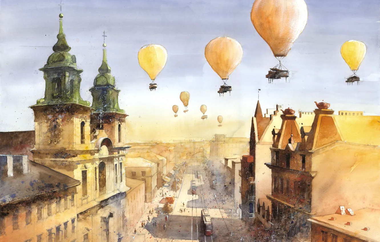 Фото обои город, воздушные шары, люди, рисунок, рельсы, дома, арт, Tytus Brzozowski