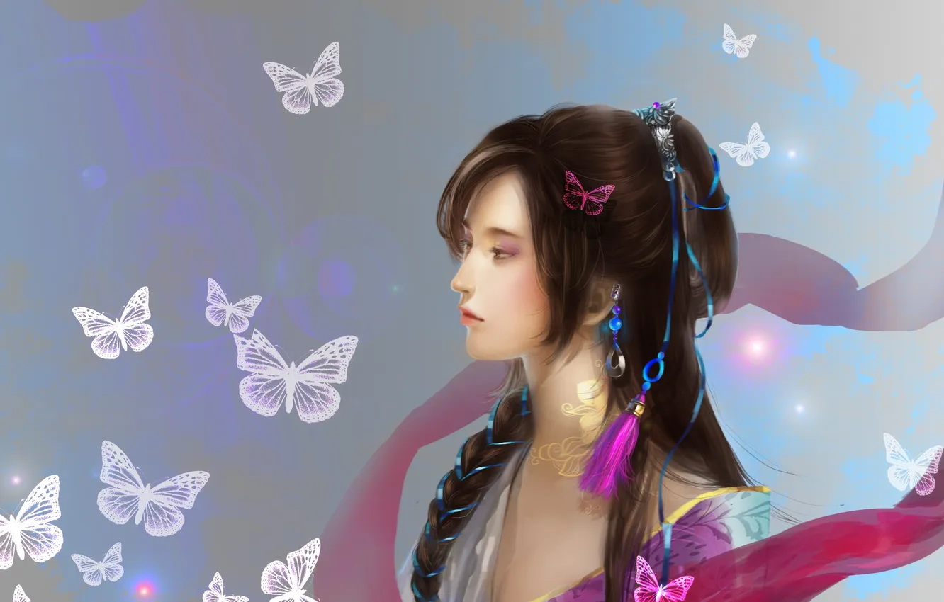 Фото обои взгляд, девушка, бабочки, фон, волосы, арт, профиль, ленточки