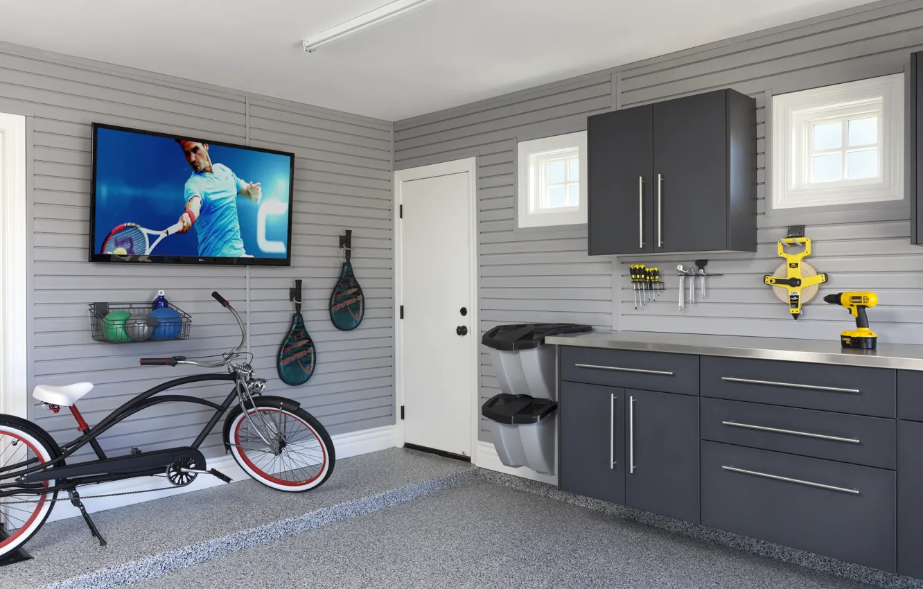 Фото обои велосипед, комната, интерьер, телевизор, мастерская