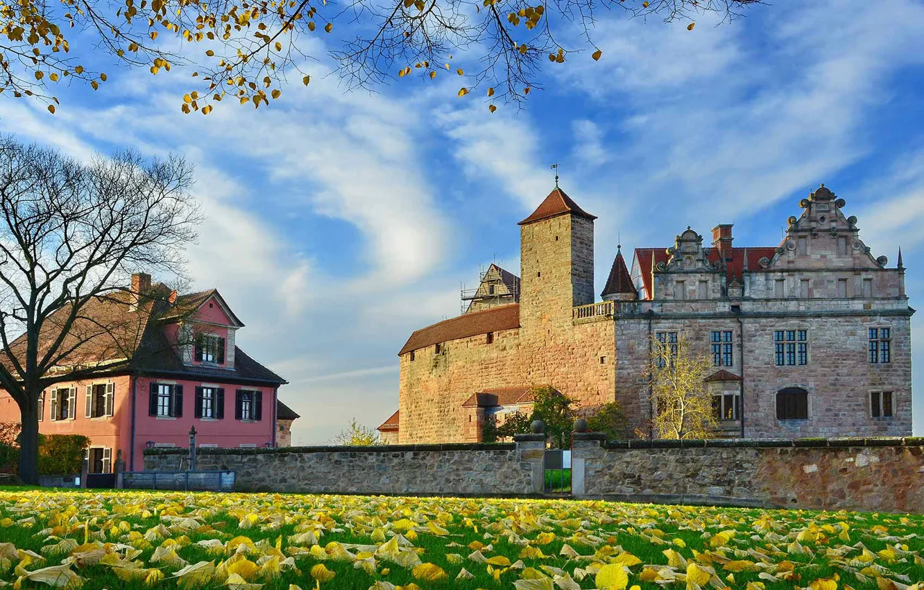 Фото обои осень, трава, листья, замок, Германия, Бавария, Кадольцбург