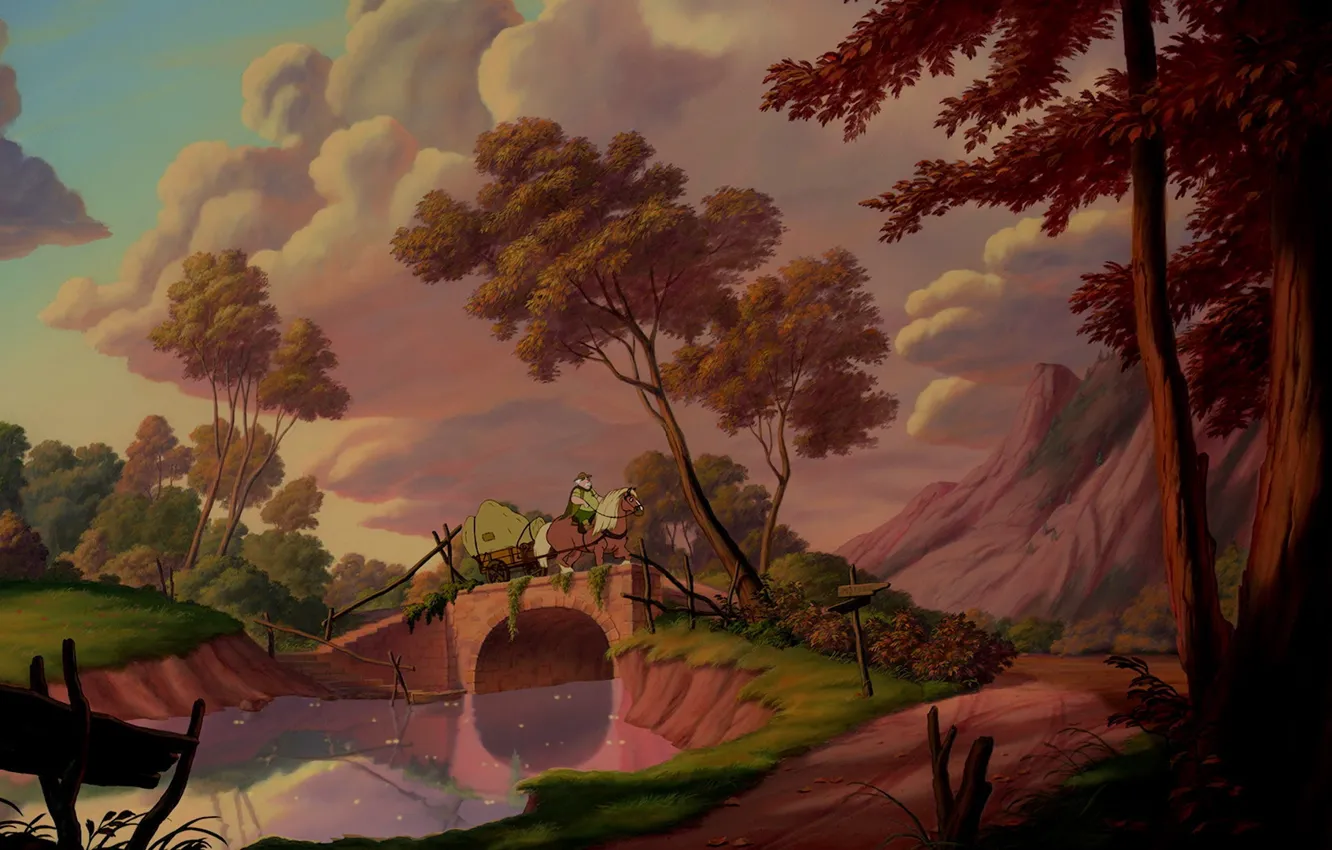 Фото обои sky, trees, landscape, bridge, clouds, man, horse, Beauty and The Beast