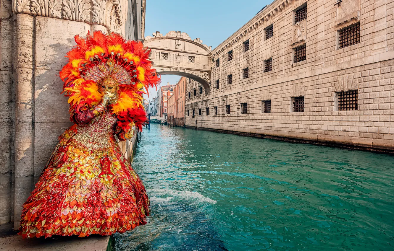 Фото обои девушка, стиль, перья, платье, маска, Италия, Венеция, карнавал
