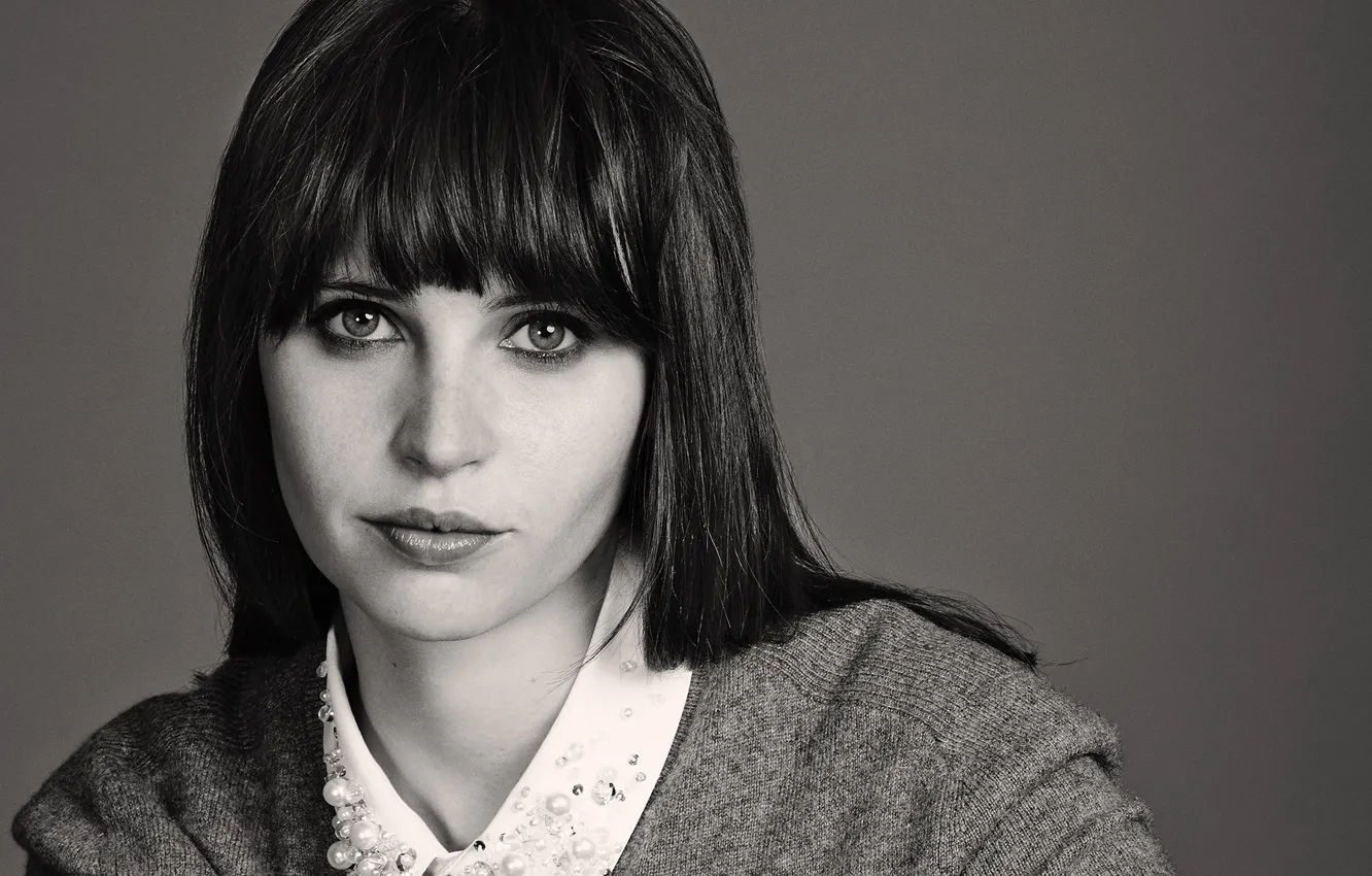Фото обои взгляд, девушка, лицо, макияж, актриса, черно-белое, Felicity Jones