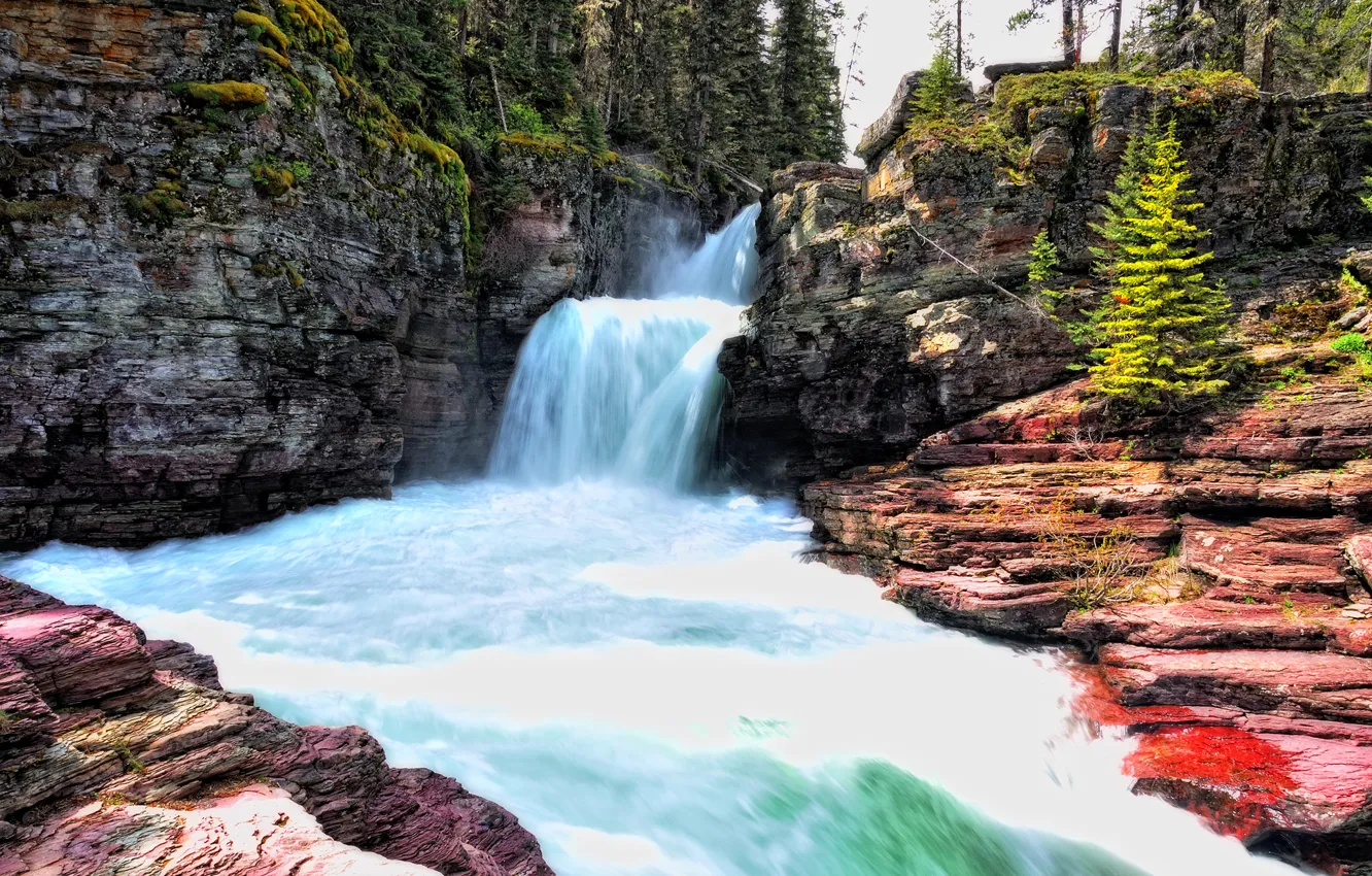 Фото обои деревья, горы, скалы, водопад, поток