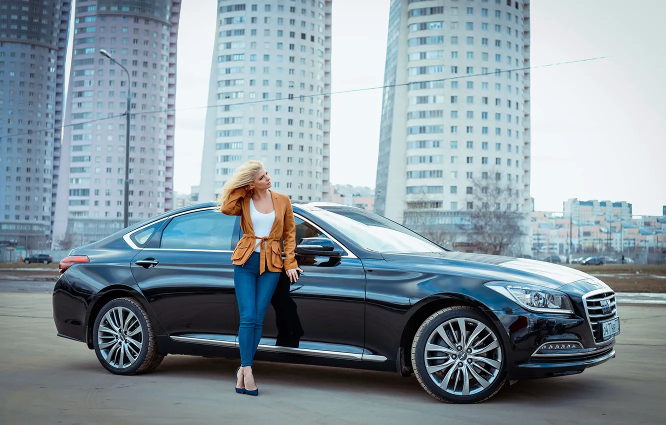 Фото обои авто, девушка, фото, улица, модель, волосы, джинсы, красивая