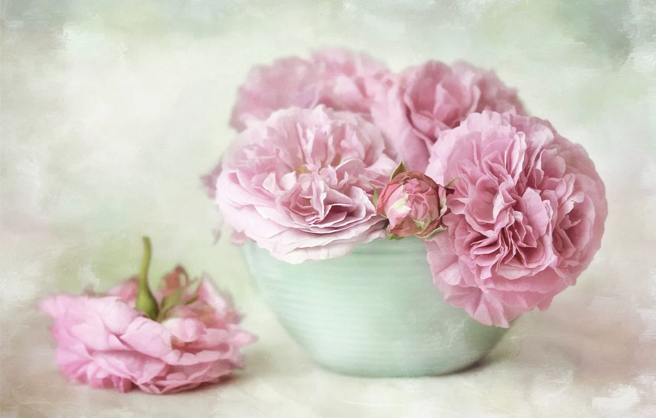Фото обои цветы, букет, чаша, арт, горшок, розовые, натюрморт, живопись